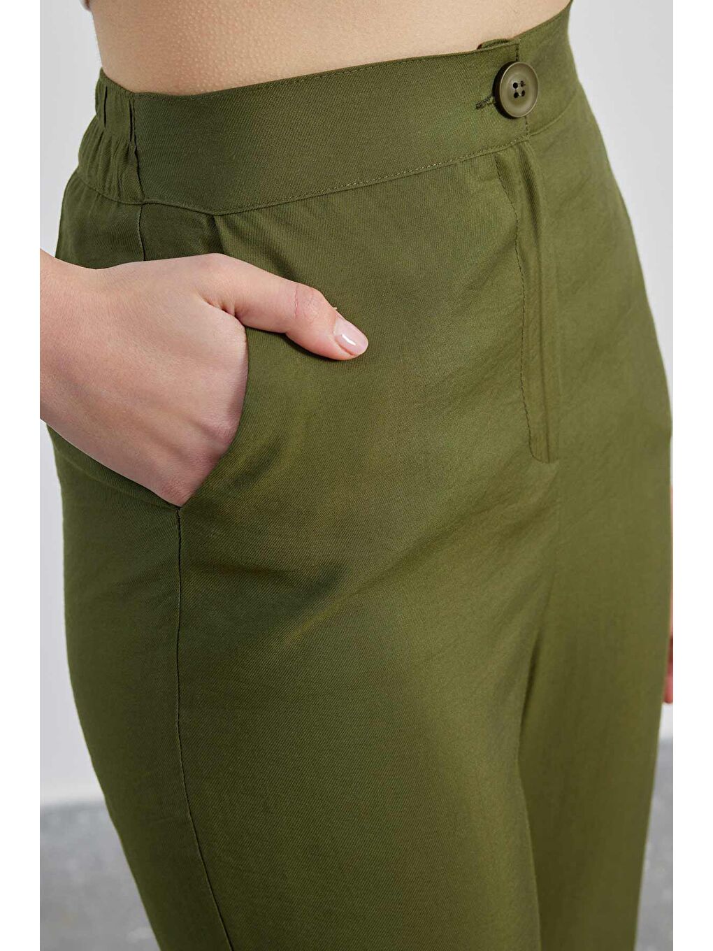 Ütü İzli Pamuk Viskon Pantolon - Haki-4