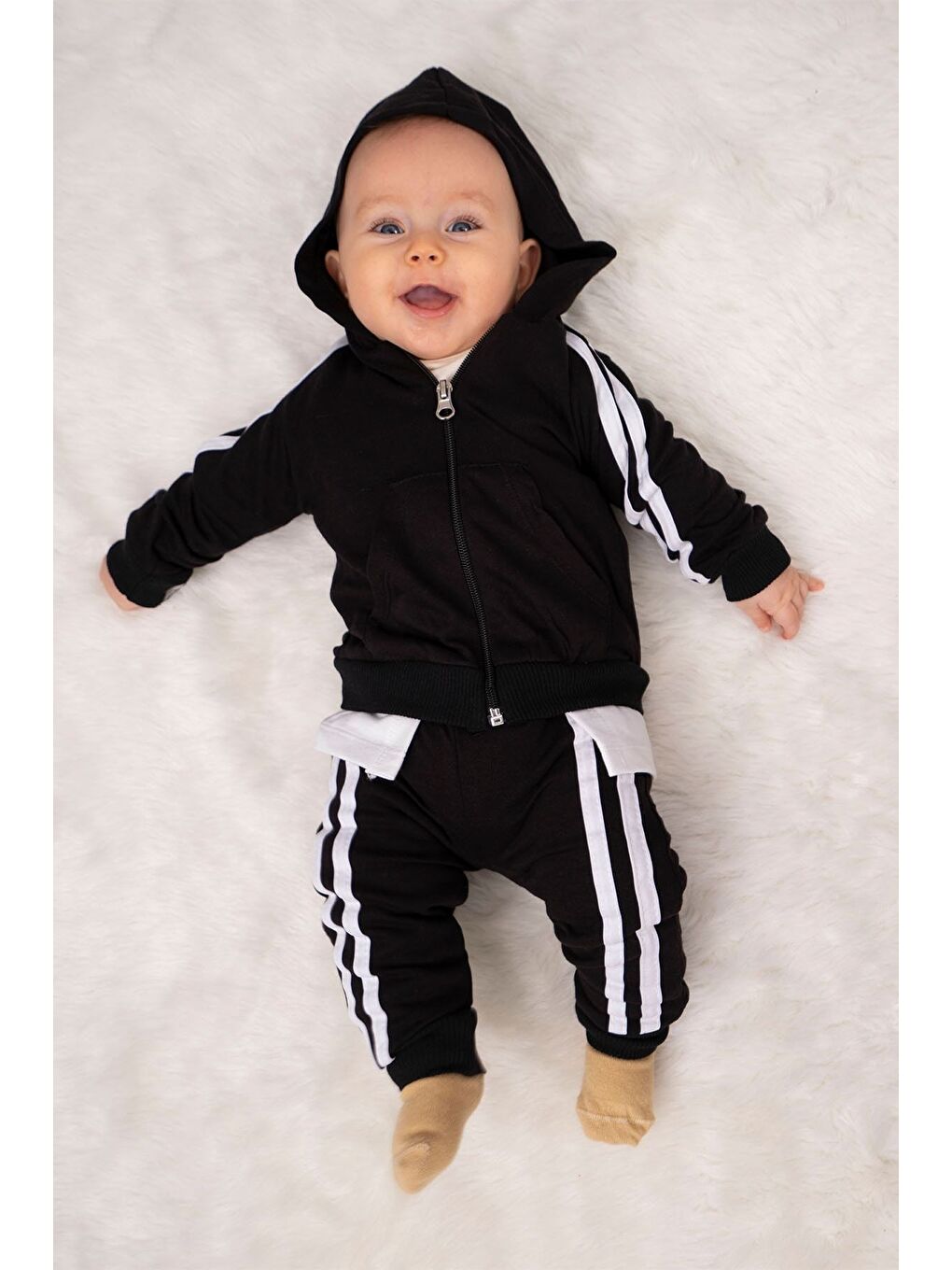 Siyah Yandan Çizgili Cepli Fermuarlı Sports 2 li Bebek Takım-1