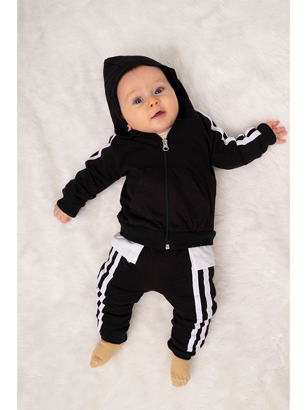 Siyah Yandan Çizgili Cepli Fermuarlı Sports 2 li Bebek Takım-2