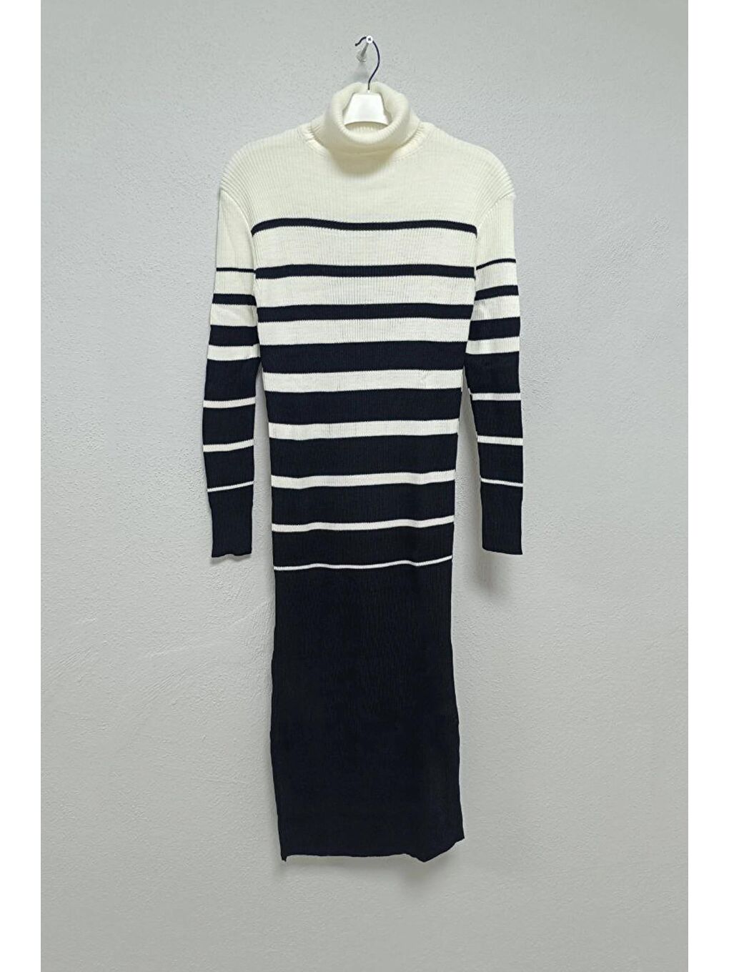 Ekru Balıkçı Yaka Çizgili Fitilli Slim Elbise