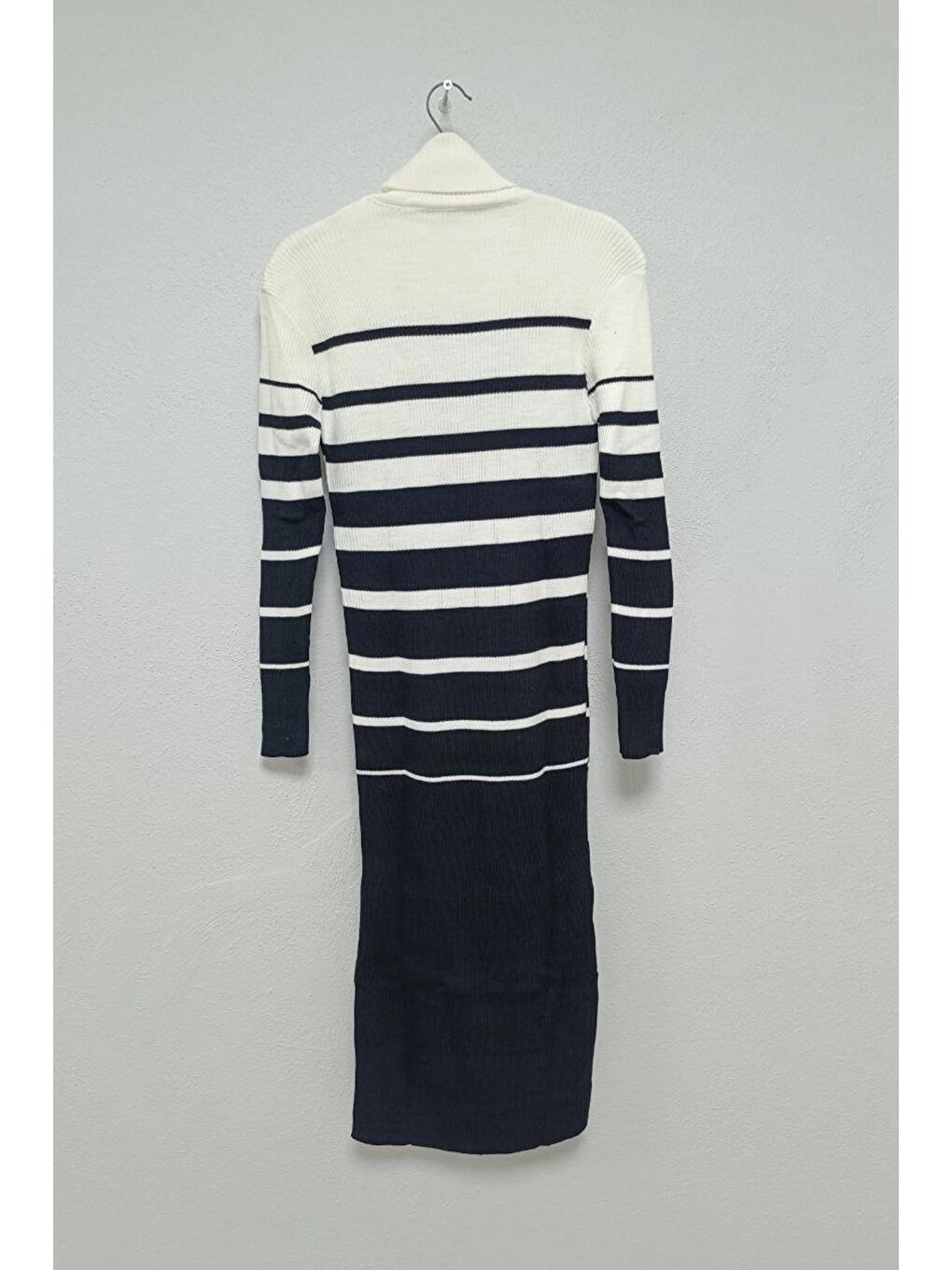 Ekru Balıkçı Yaka Çizgili Fitilli Slim Elbise-1