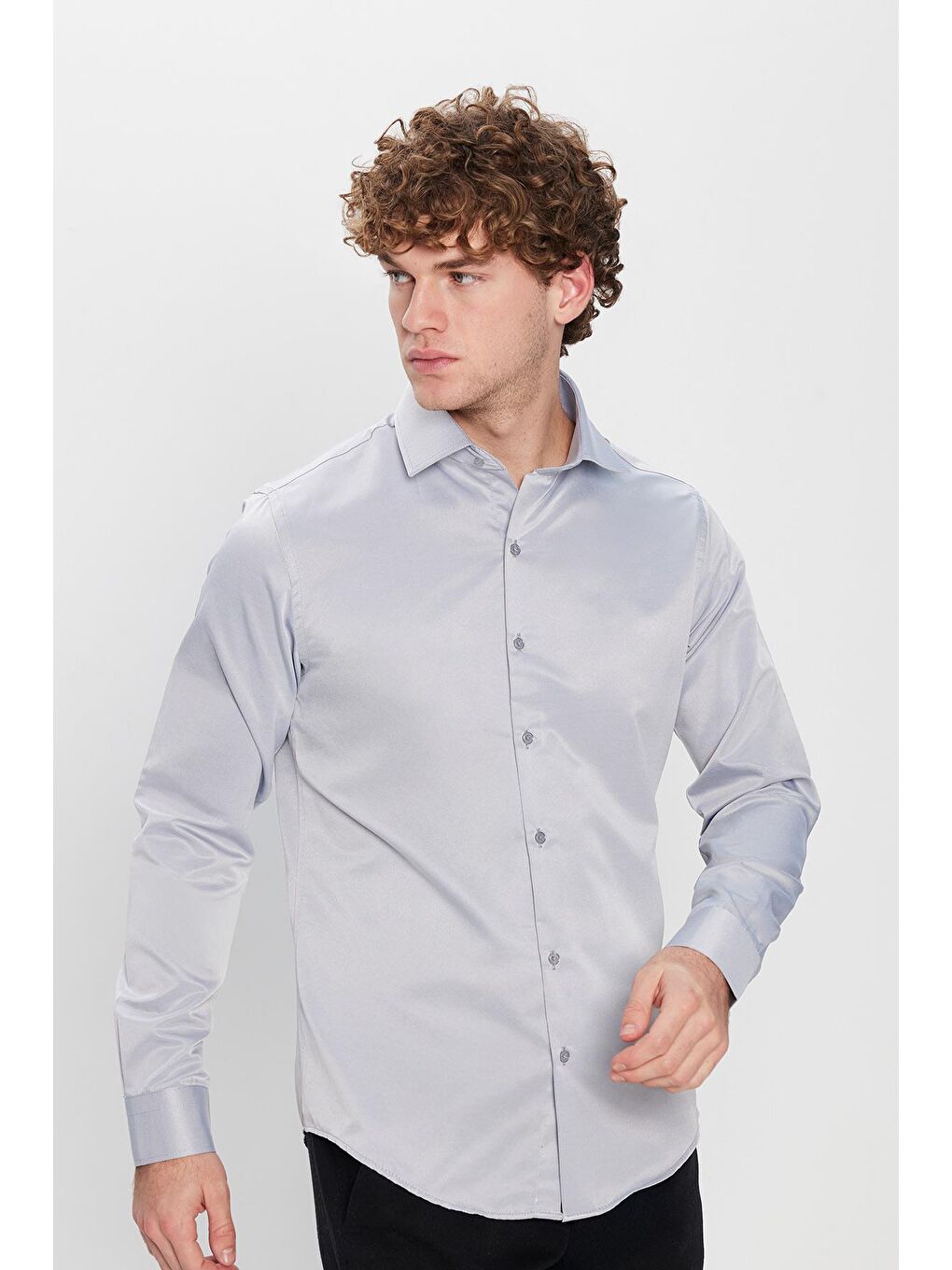 Slim Fit Uzun Kollu Pamuklu Düz Erkek Gri Gömlek-1