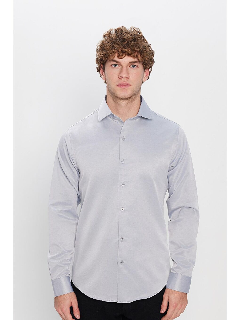 Slim Fit Uzun Kollu Pamuklu Düz Erkek Gri Gömlek-3