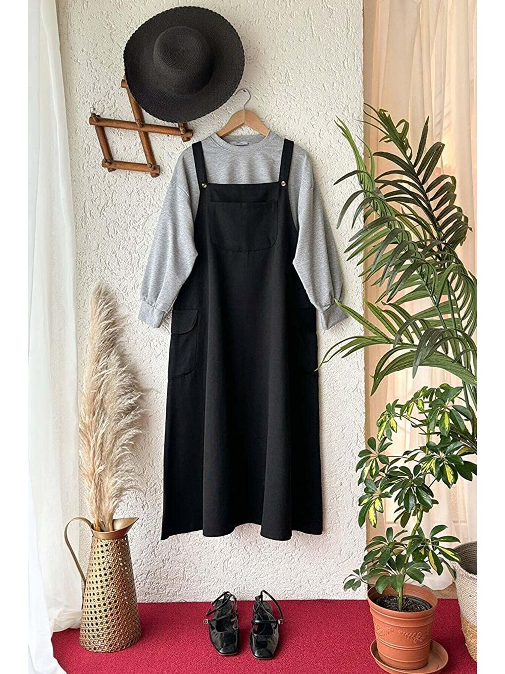 Ceylan Otantik Siyah Keten Etekli Salopet & Gri Ahsen Crop