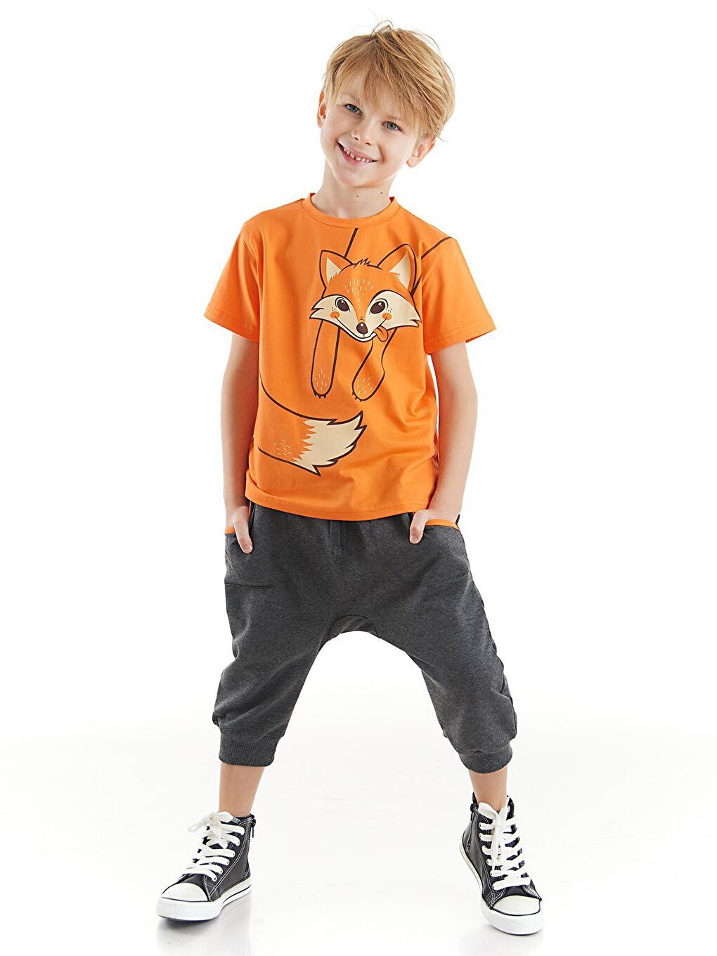 Denokids Karışık Turuncu Tilki Erkek Çocuk T-shirt Kapri Takım