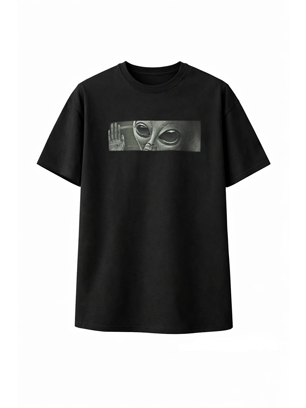 Unisex Bisiklet Yaka Baskılı Oversize T-Shirt - Siyah