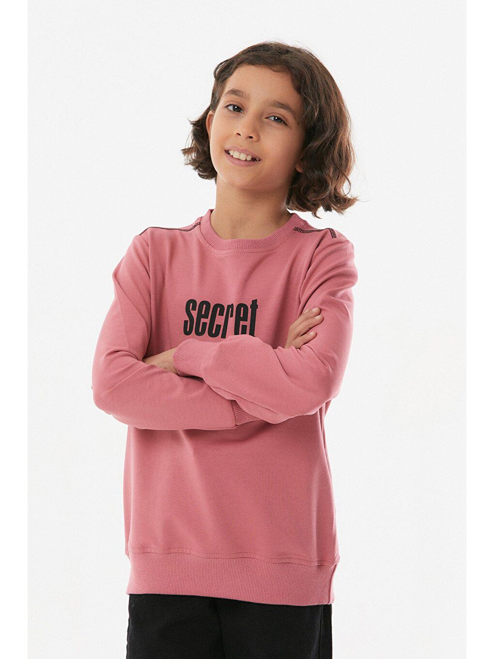 Pembe Baskılı Bisiklet Yaka Kız Çocuk Sweatshirt-1