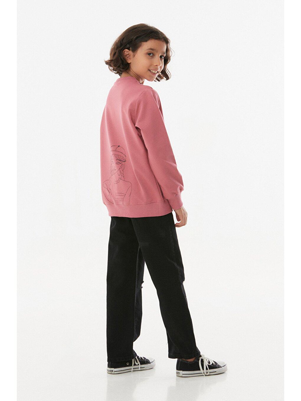 Pembe Baskılı Bisiklet Yaka Kız Çocuk Sweatshirt-2