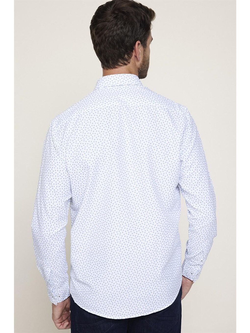 Klasik Fit Uzun Kol Baskılı Biyeli Erkek Beyaz Gömlek-4