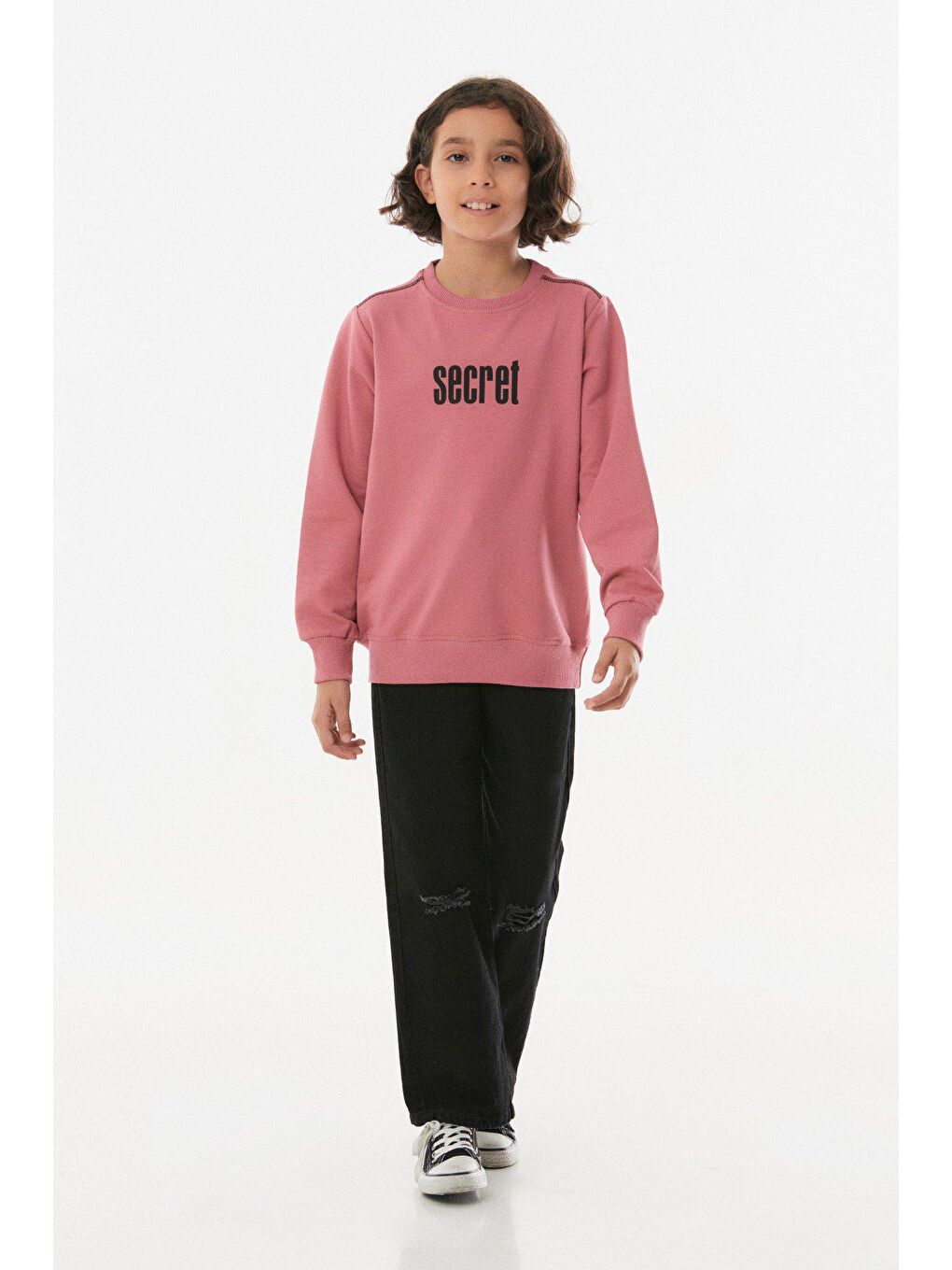 Pembe Baskılı Bisiklet Yaka Kız Çocuk Sweatshirt-4