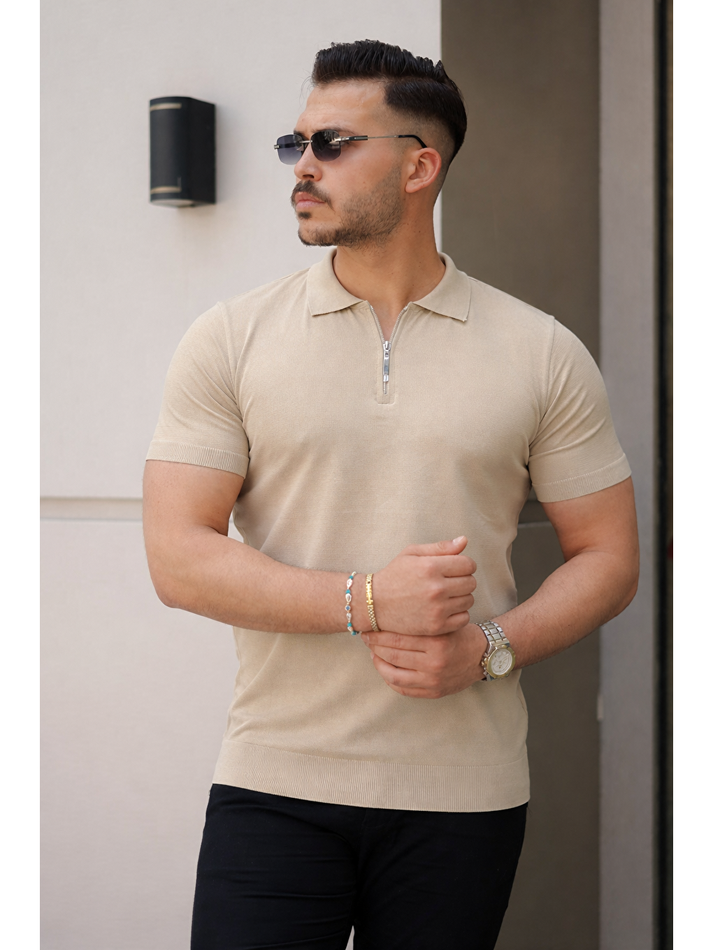 Ekru Erkek Fermuarlı Polo Yaka Slim Fit Triko Tişört-1