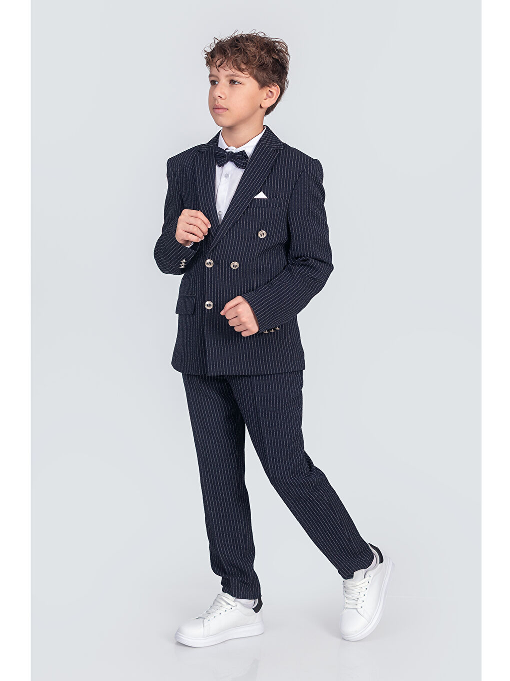 Lacivert Erkek Çocuk Çizgili Ceket Gömlek Pantolon Papyonlu Takım Elbise Te.1001y-3
