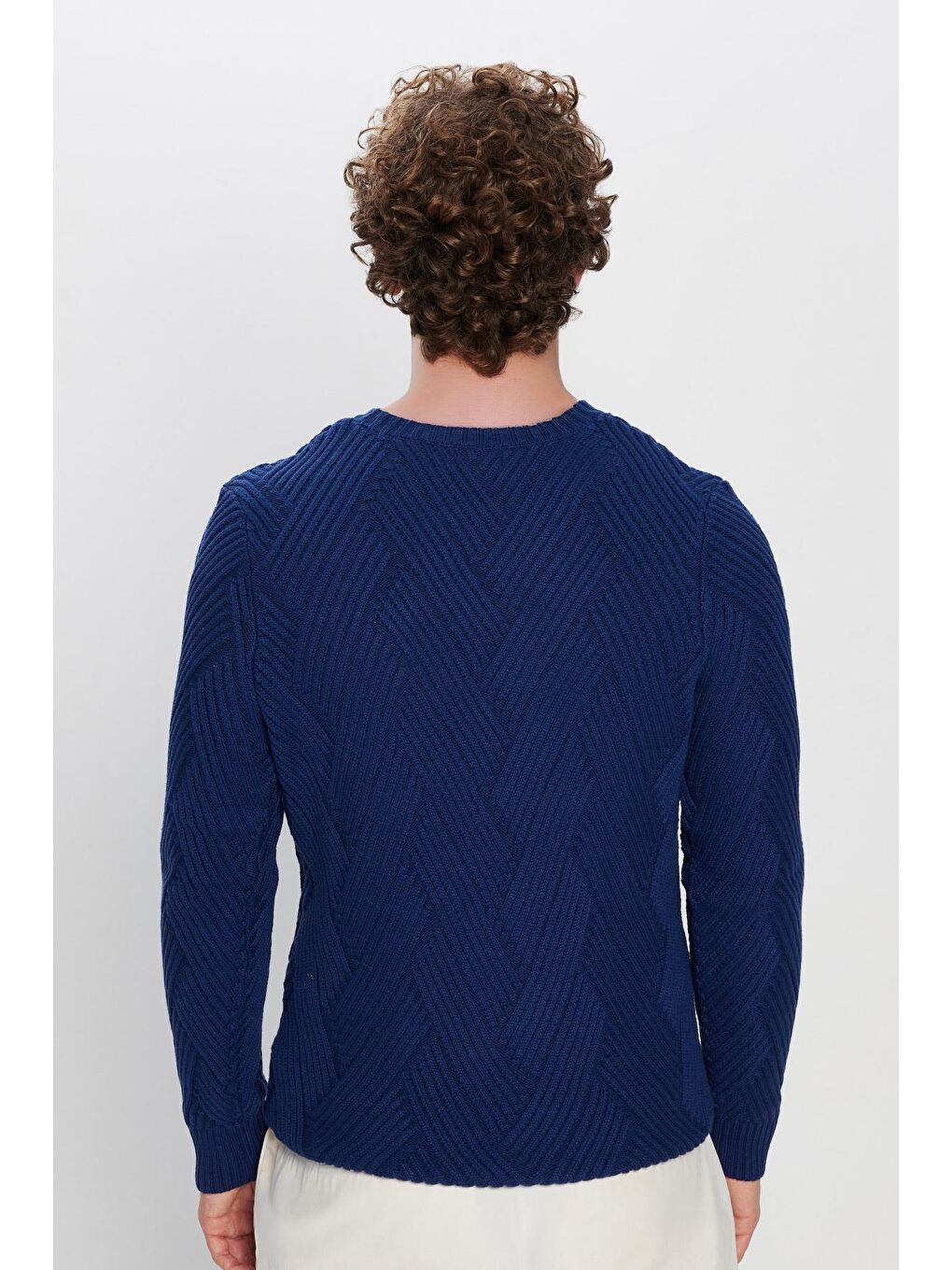 Erkek Slim Fit Dar Kesim Pamuklu Desenli Yumuşak Dokulu Saks Mavi Bisiklet Yaka Kazak-4