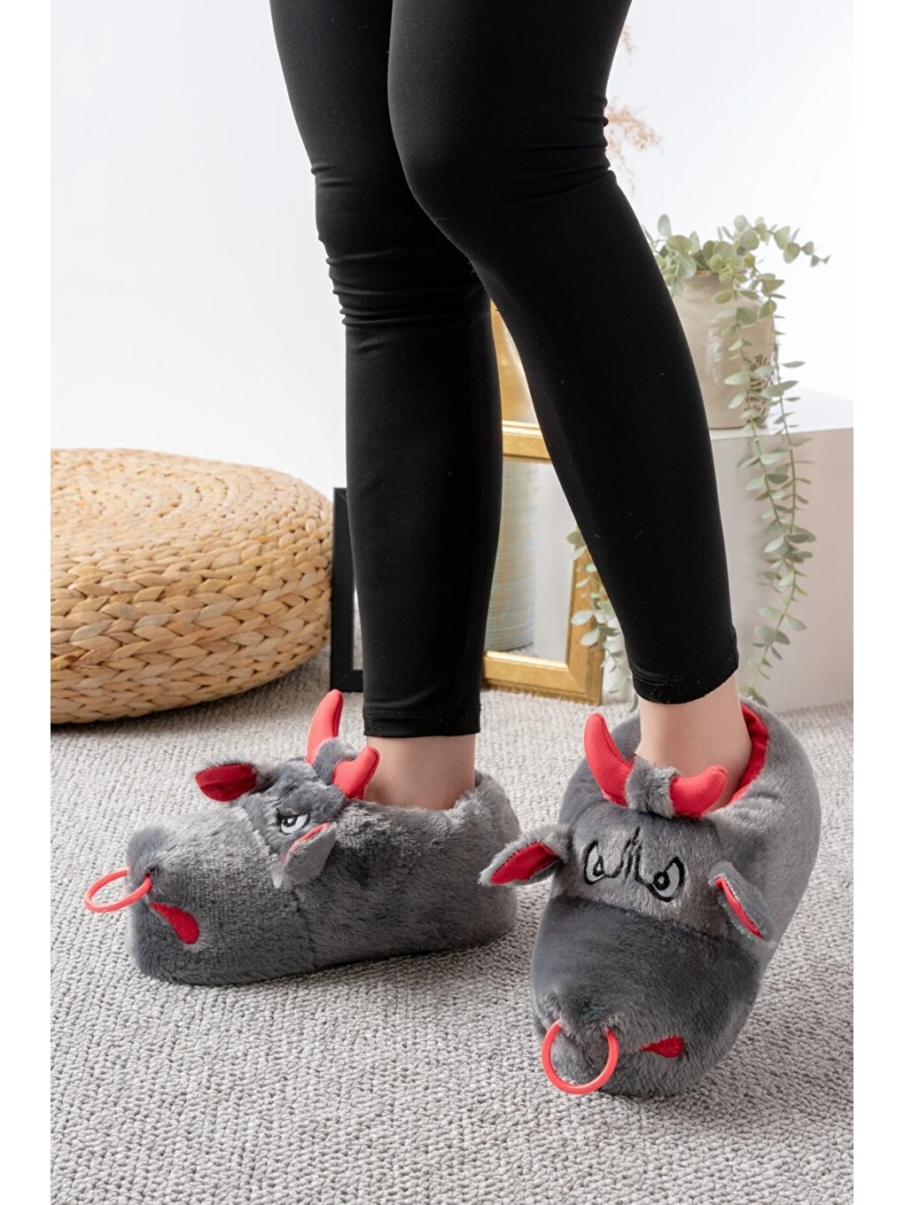 Gri Unisex Hayvanlı Panduf Ev Ayakkabısı Ses Yapmaz Taban-1