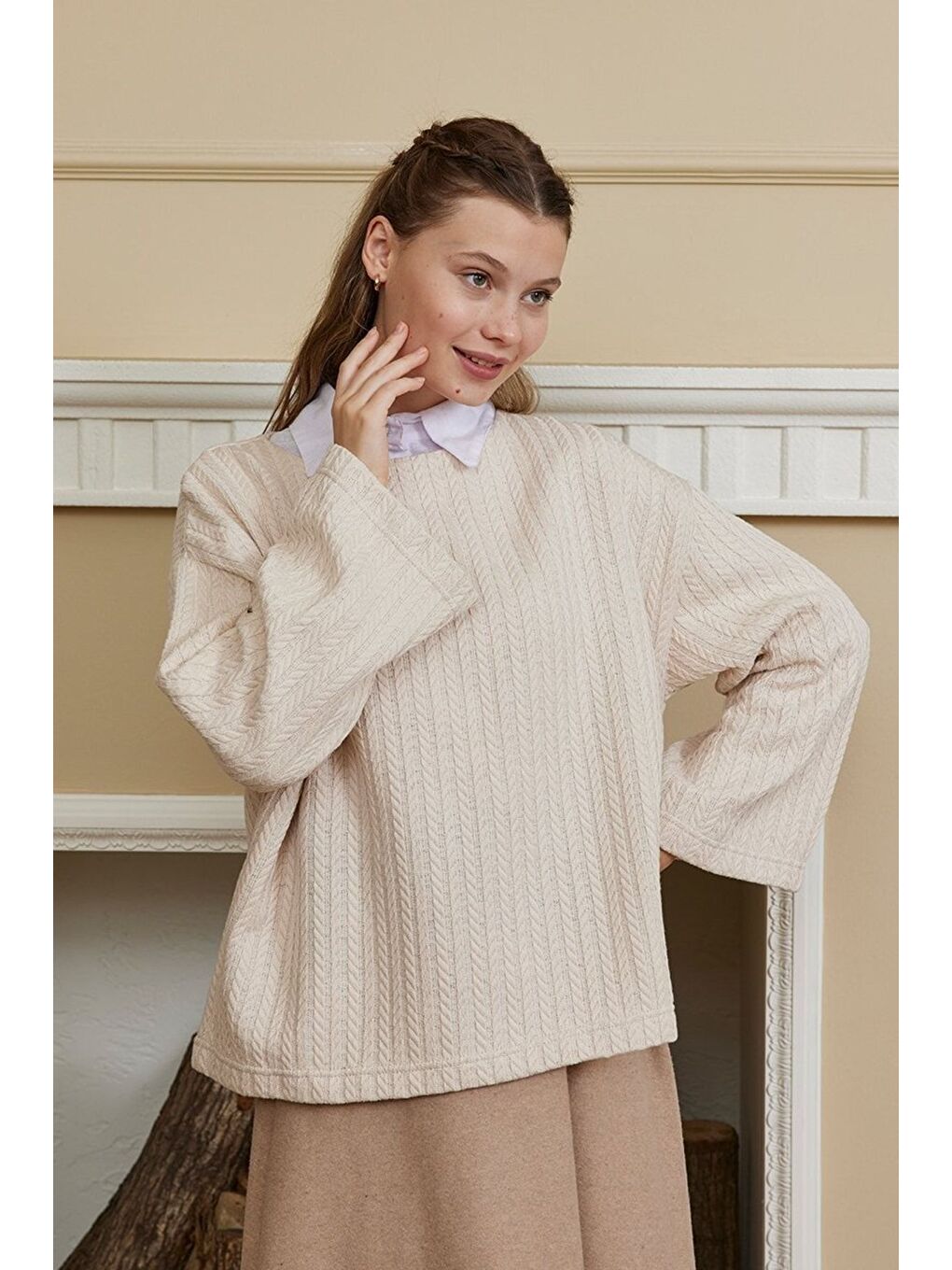 Ekru Krem Triko Crop