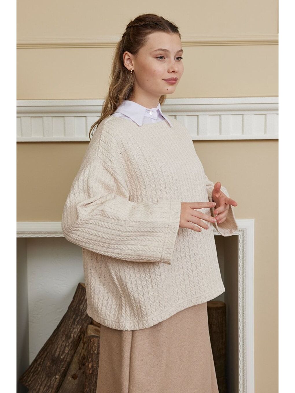 Ekru Krem Triko Crop-1