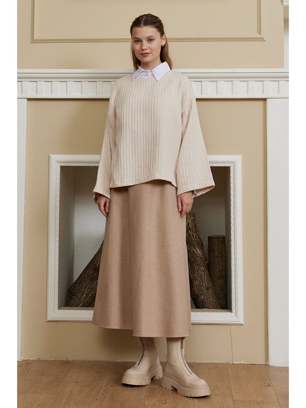 Ekru Krem Triko Crop-3