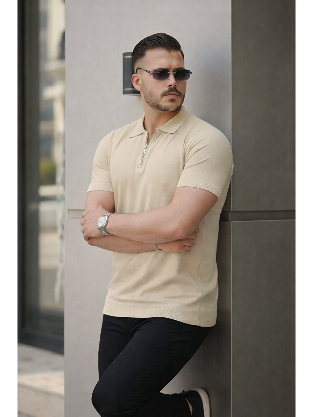 Ekru Erkek Fermuarlı Polo Yaka Slim Fit Triko Tişört-2