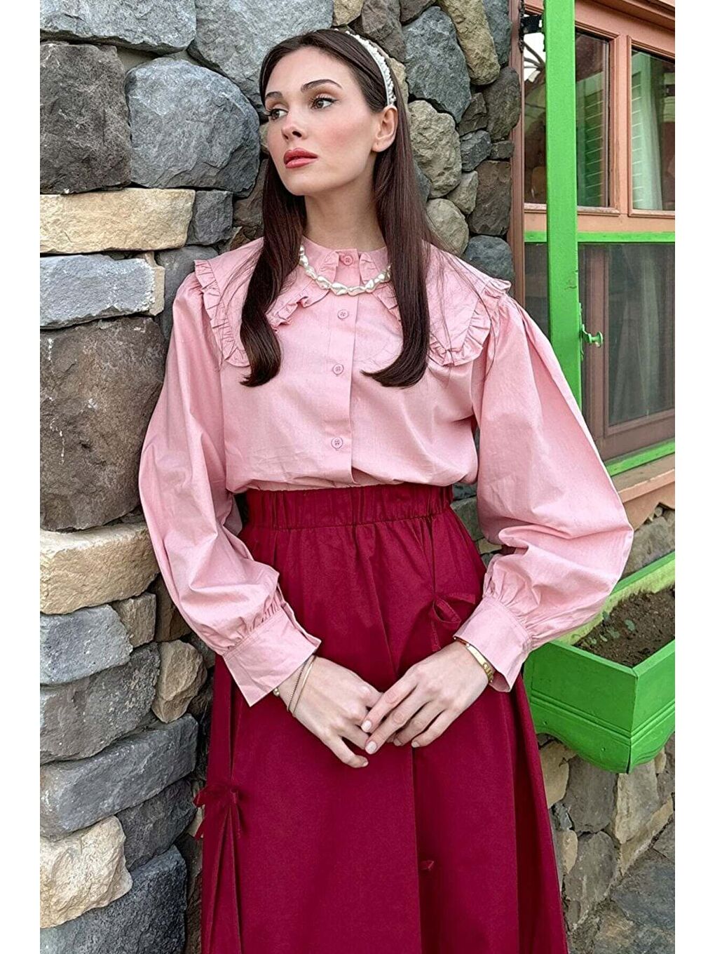 Pembe Yakası Fırfırlı Crop Gömlek-2