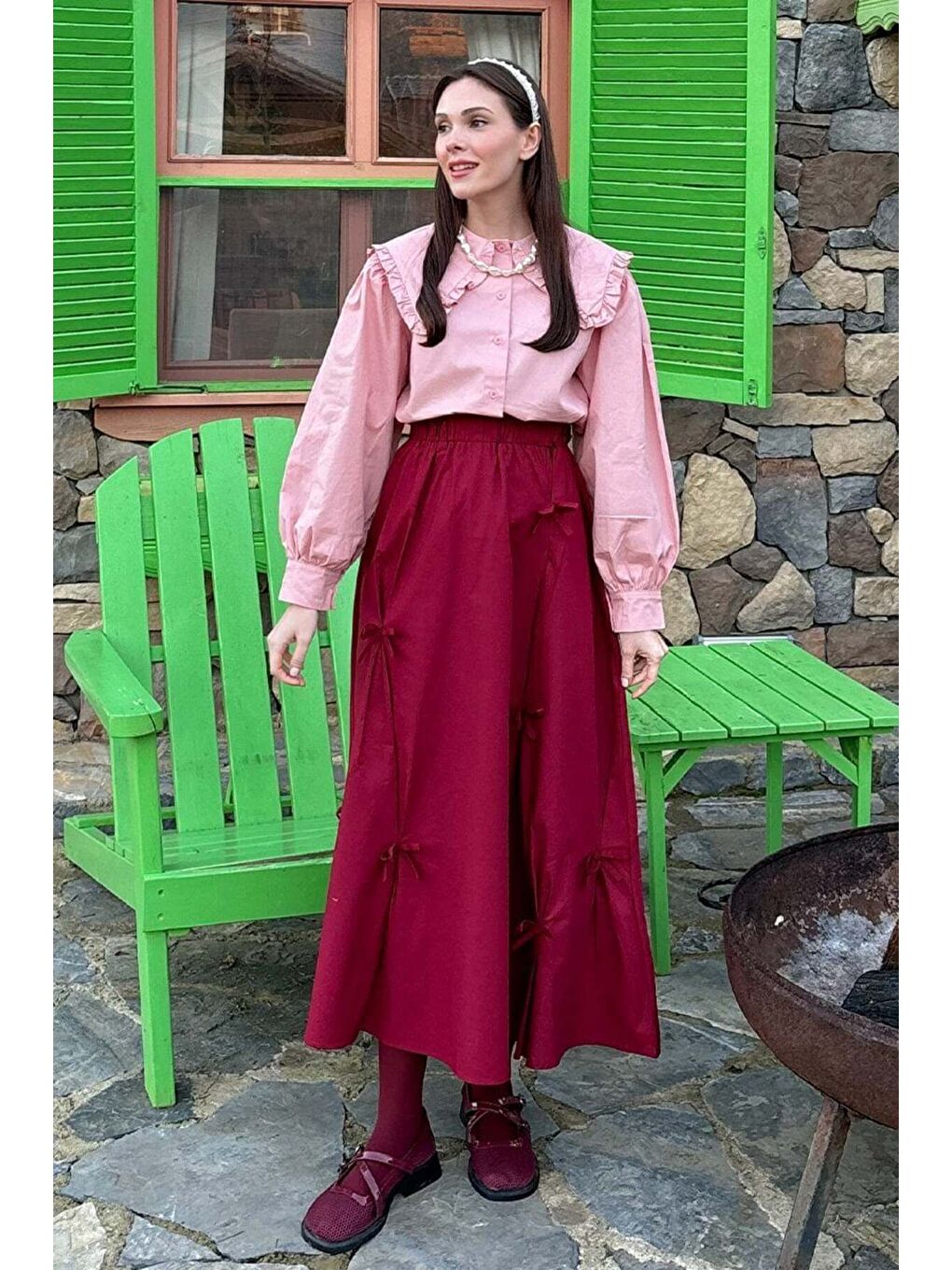 Pembe Yakası Fırfırlı Crop Gömlek-5