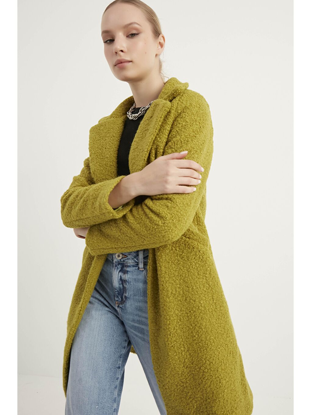 Kadın Yağ Yeşili Buklet Kaban-1