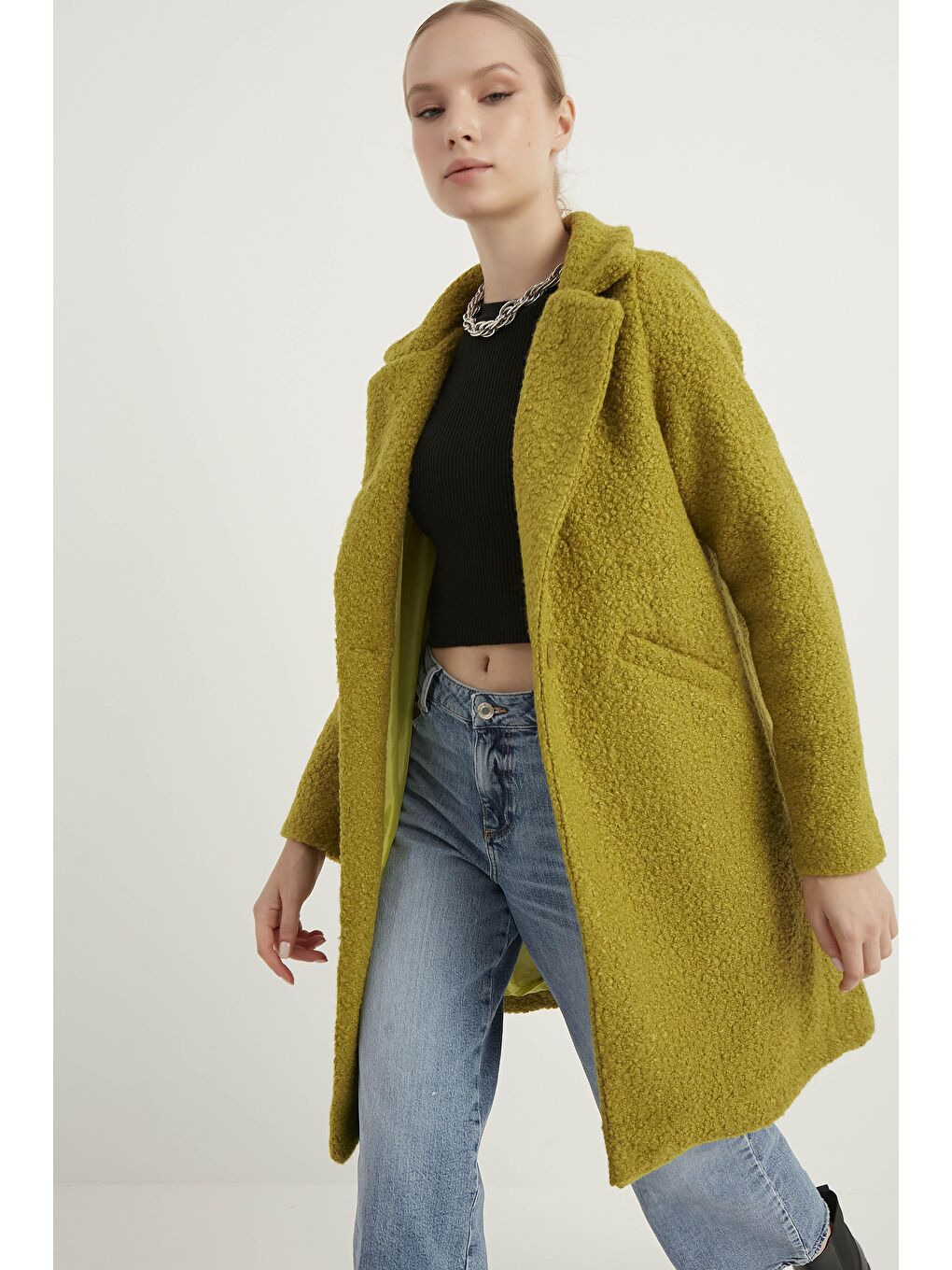 Kadın Yağ Yeşili Buklet Kaban-2