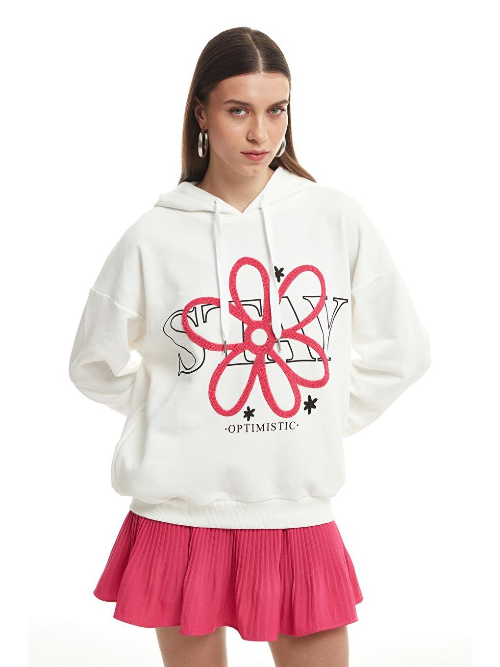 Baskı Detaylı Kapüşonlu Sweatshirt Ekru