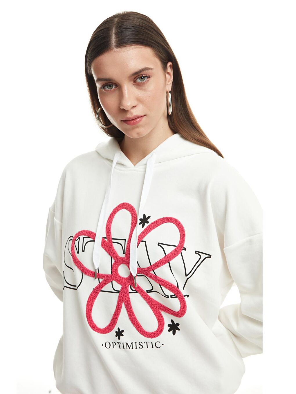 Baskı Detaylı Kapüşonlu Sweatshirt Ekru-3