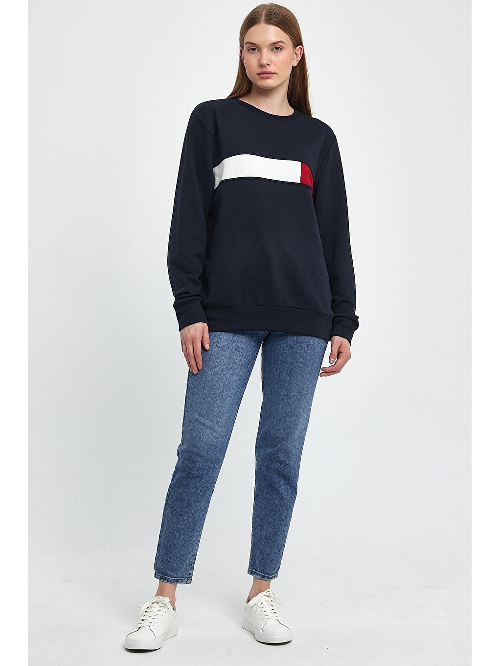 Lacivert Kadın Bisiklet Yaka Rahat Kalıp 3 İplik Kalın Garnili Sweatshirt Spr24swk35-2