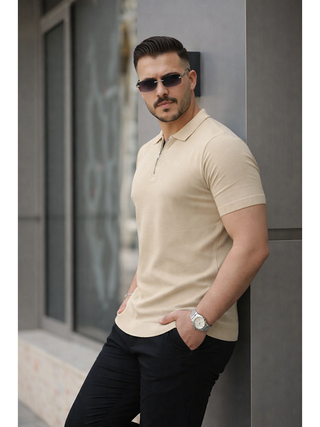 Ekru Erkek Fermuarlı Polo Yaka Slim Fit Triko Tişört-3