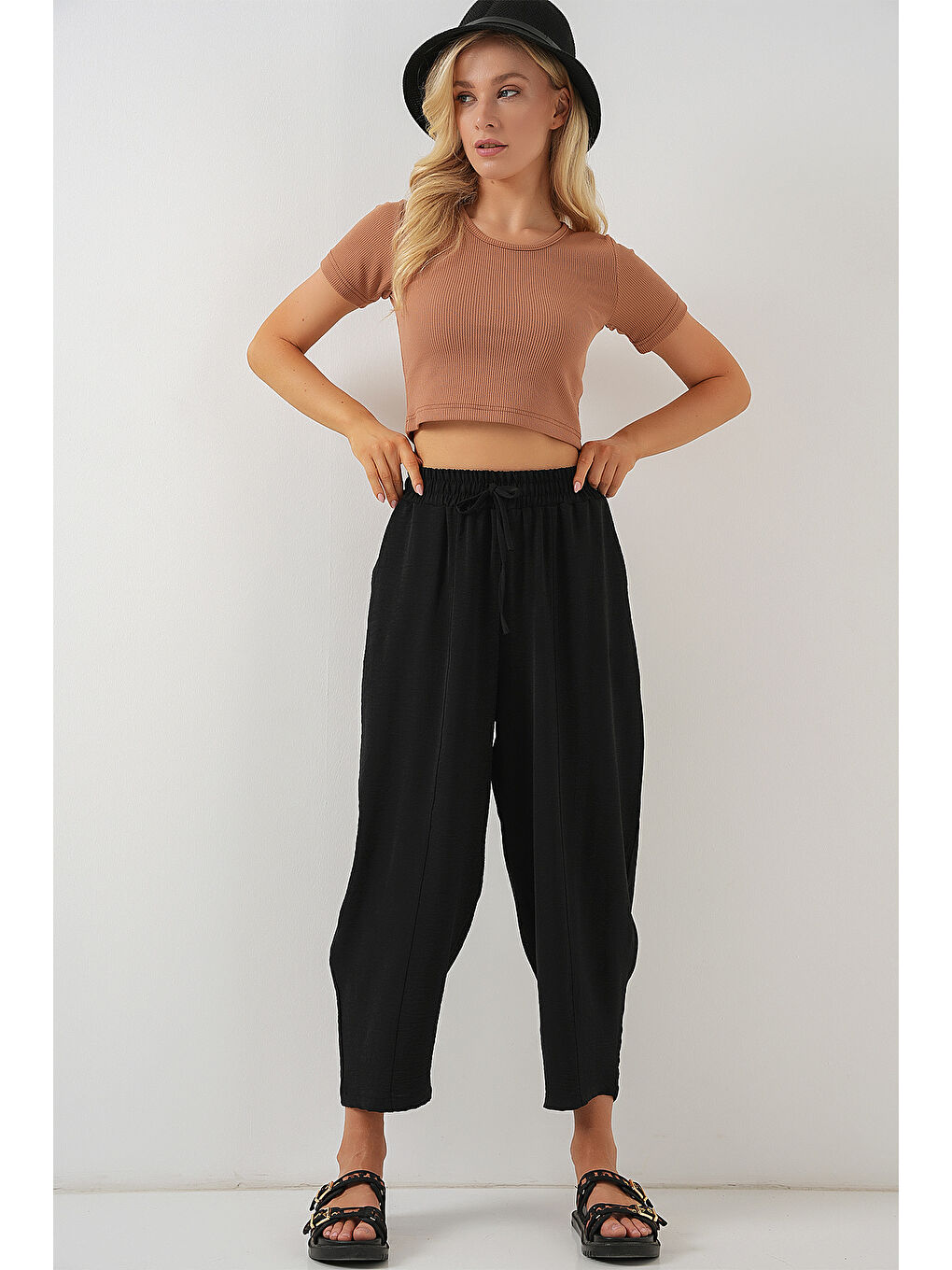 6591 Dokuma Şalvar Pantolon - Siyah