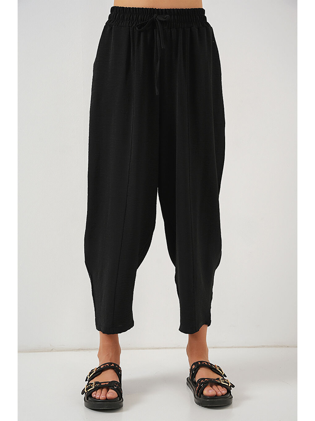 6591 Dokuma Şalvar Pantolon - Siyah-1