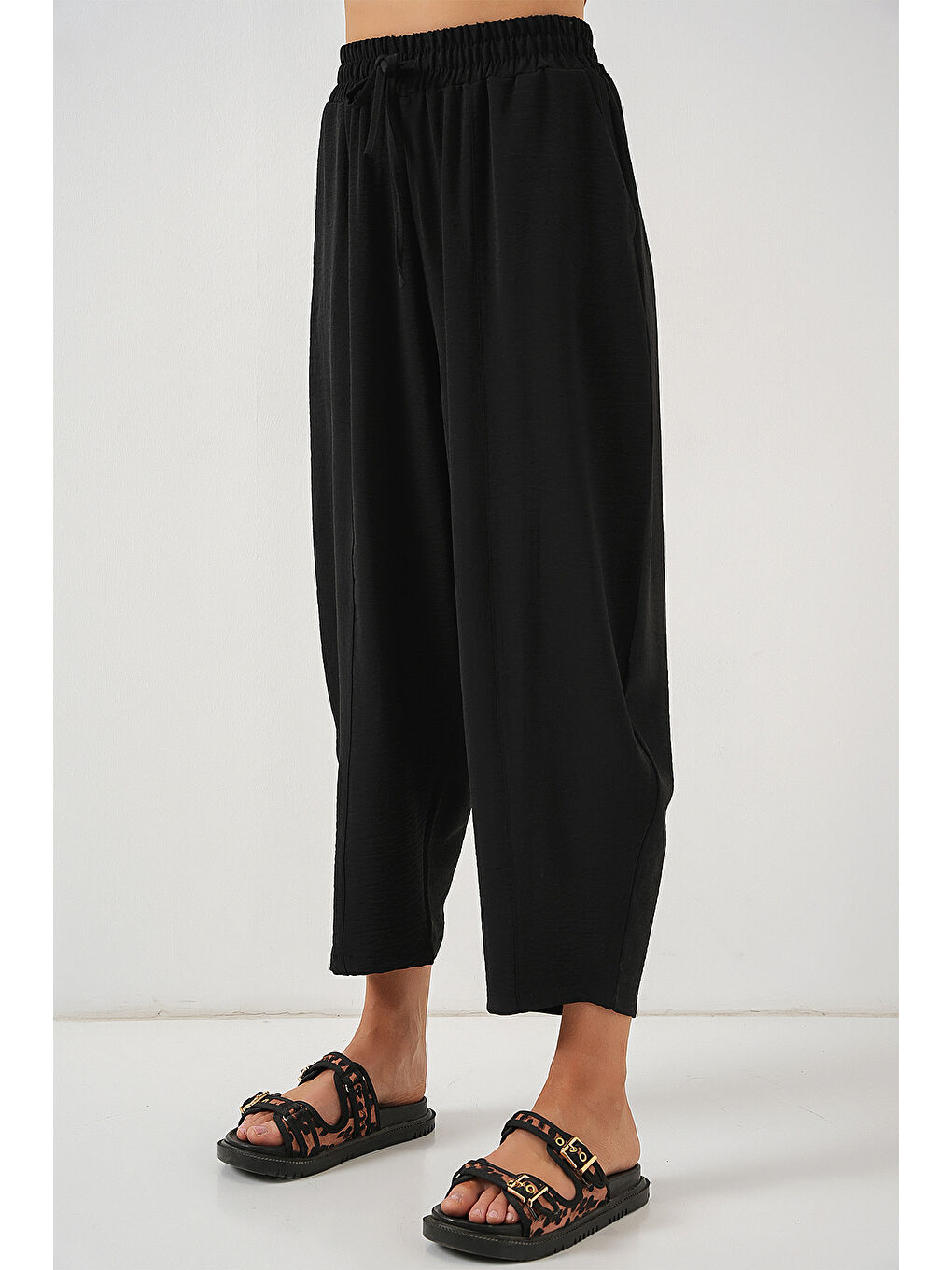 6591 Dokuma Şalvar Pantolon - Siyah-2