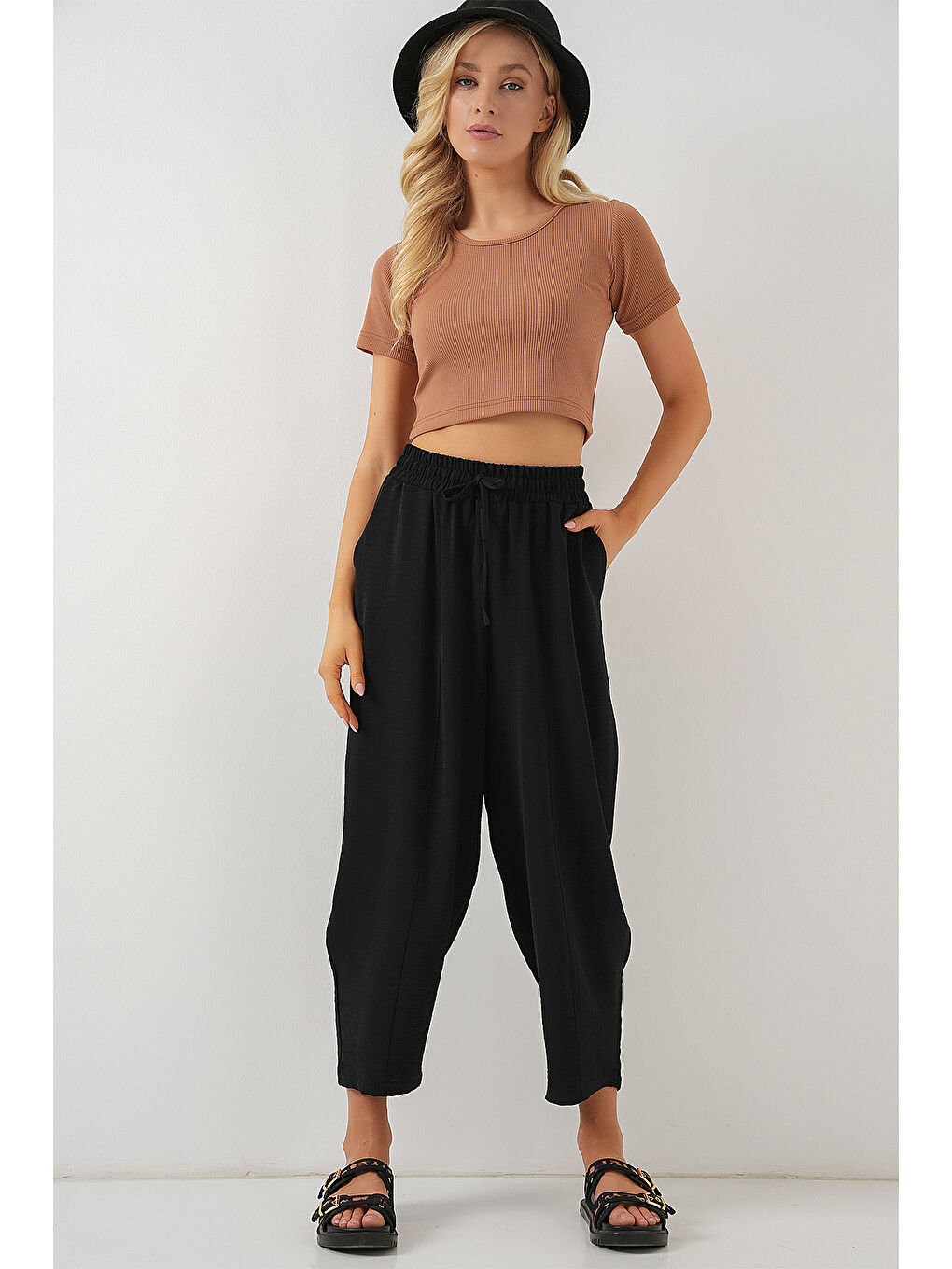 6591 Dokuma Şalvar Pantolon - Siyah-3