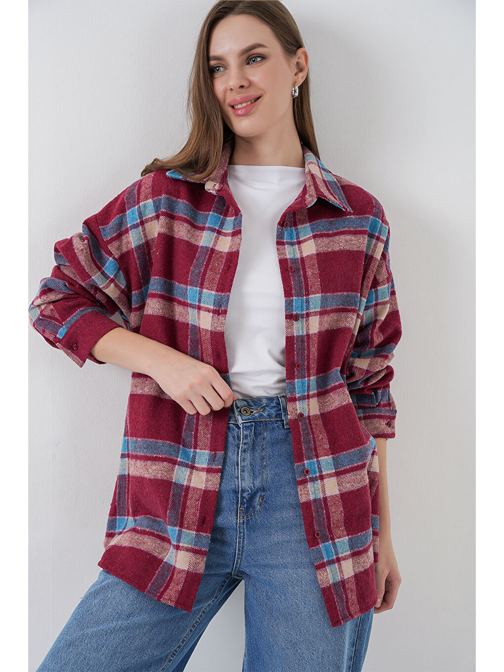 Kahverengi 3854 Ekose Desen Çift Cepli Oduncu Gömlek - A. Kiremit-3