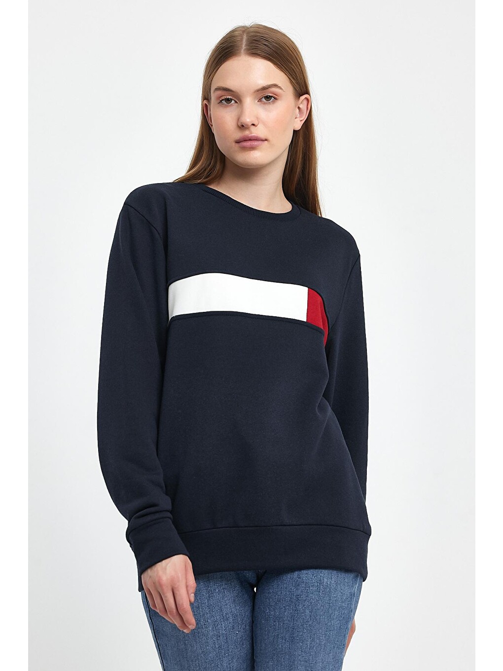 Lacivert Kadın Bisiklet Yaka Rahat Kalıp 3 İplik Kalın Garnili Sweatshirt Spr24swk35-4