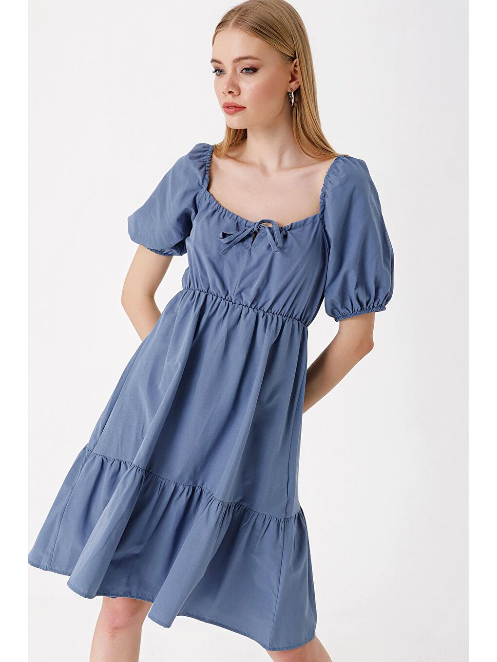 Mavi Kloş Poplin Elbise-3