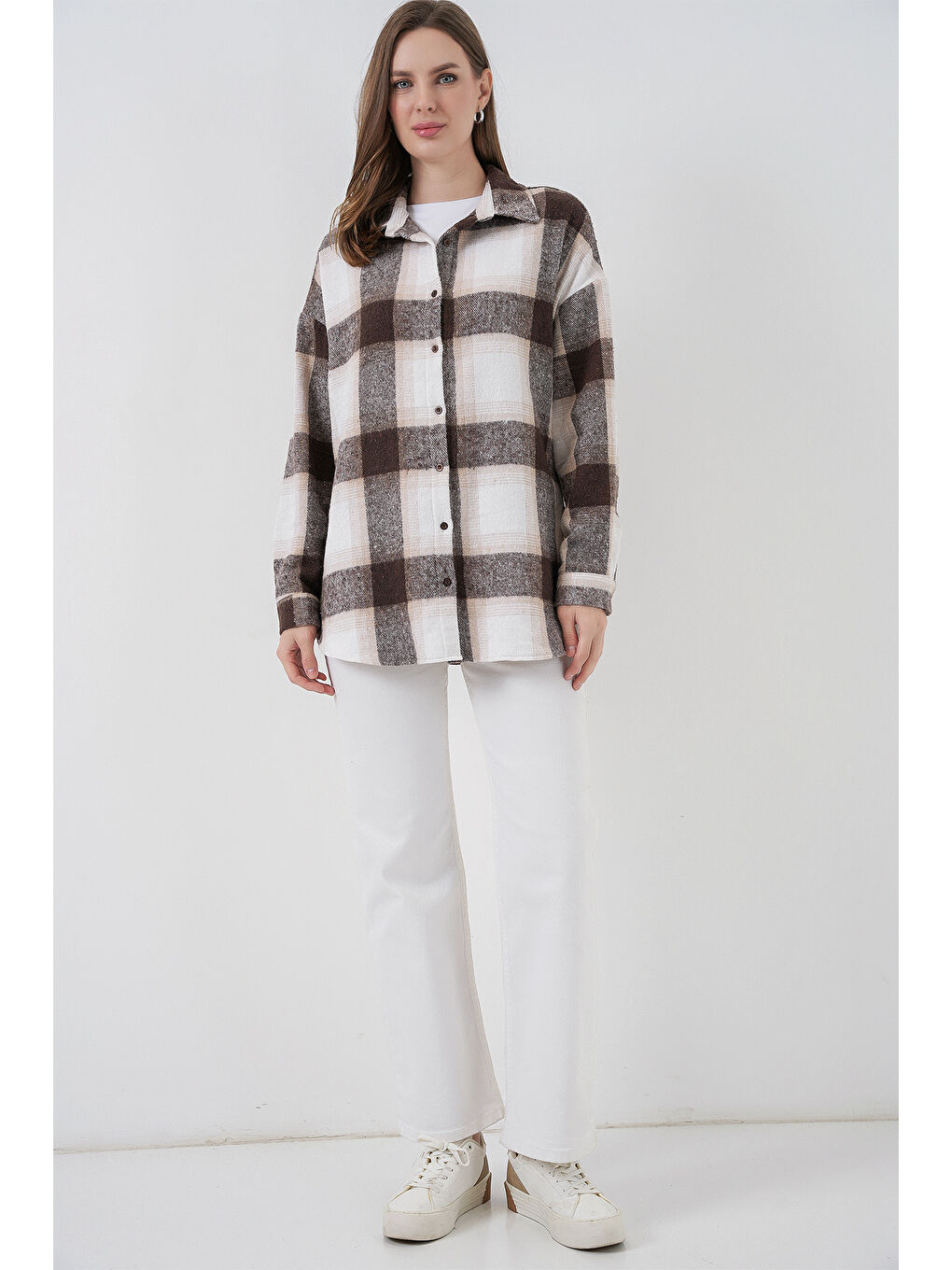 Bej 3854 Ekose Desen Çift Cepli Gömlek - Bisküvi-1