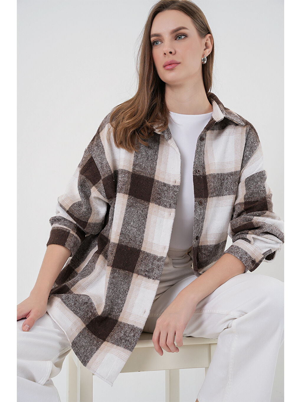 Bej 3854 Ekose Desen Çift Cepli Gömlek - Bisküvi-2