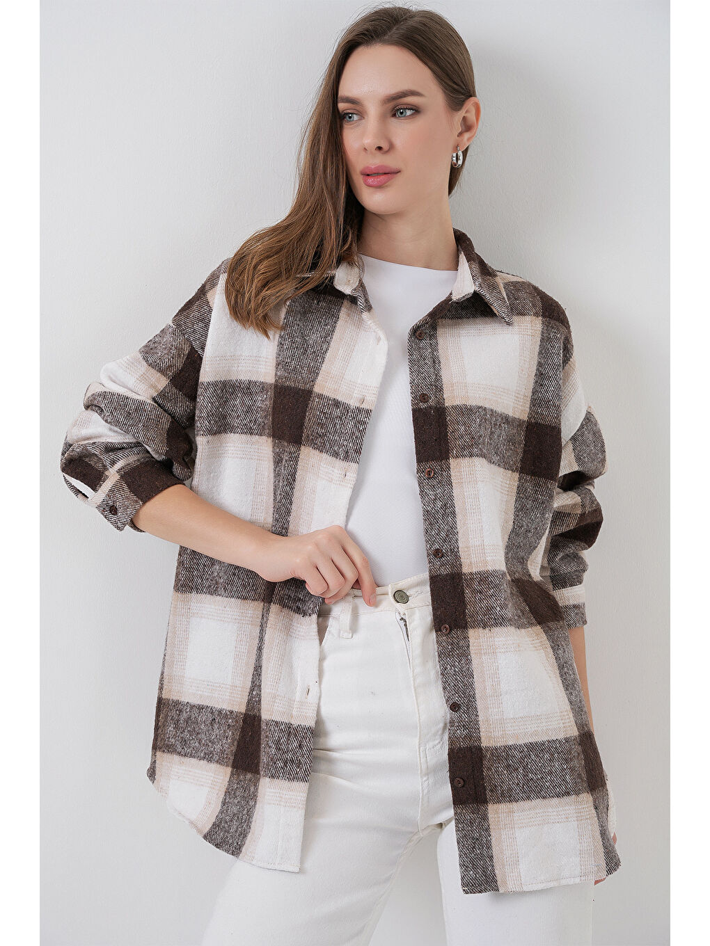 Bej 3854 Ekose Desen Çift Cepli Gömlek - Bisküvi-3