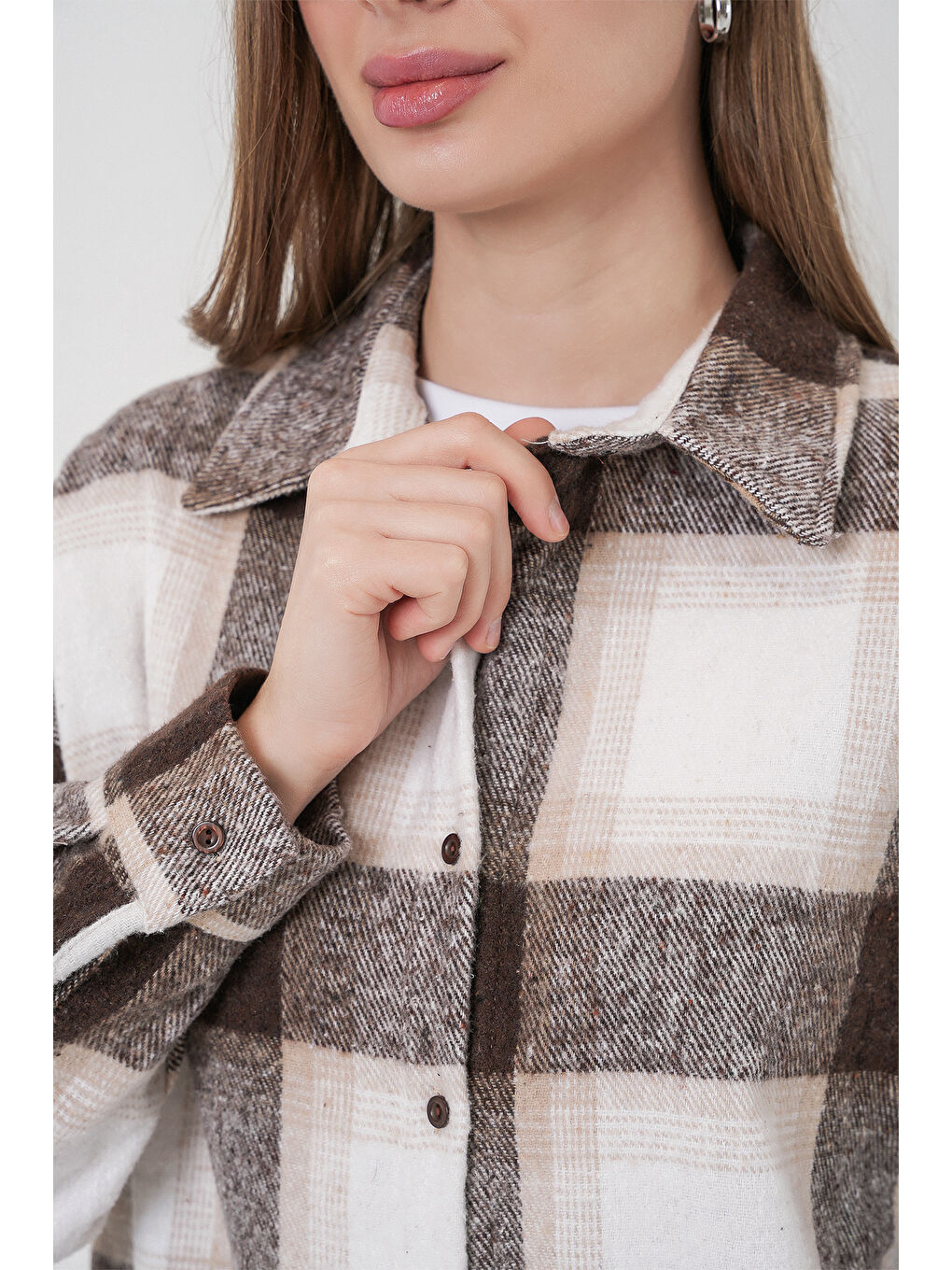 Bej 3854 Ekose Desen Çift Cepli Gömlek - Bisküvi-4