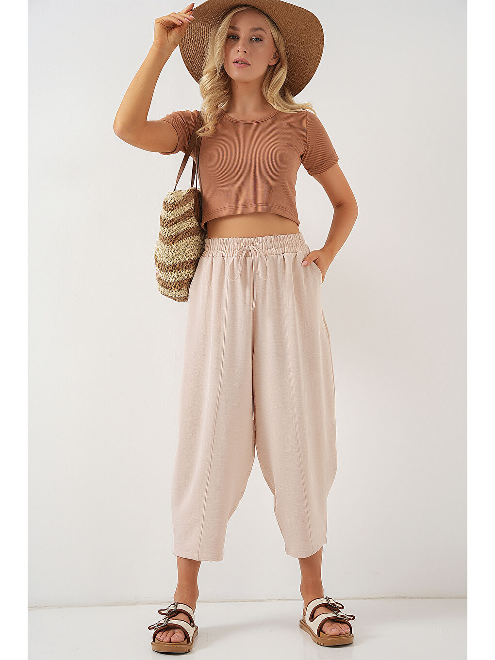 Bej 6591 Dokuma Şalvar Pantolon - Bisküvi