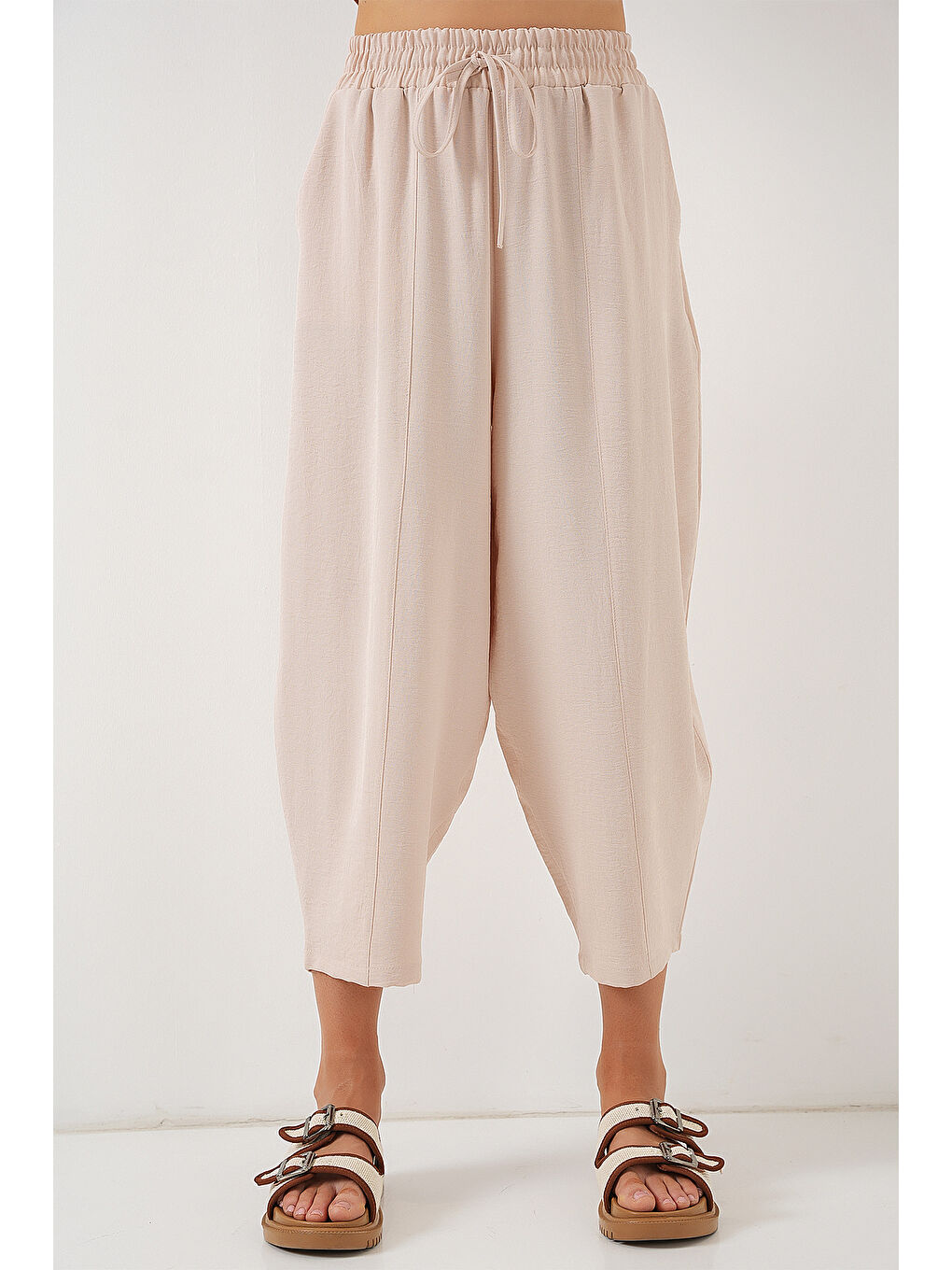 Bej 6591 Dokuma Şalvar Pantolon - Bisküvi-1