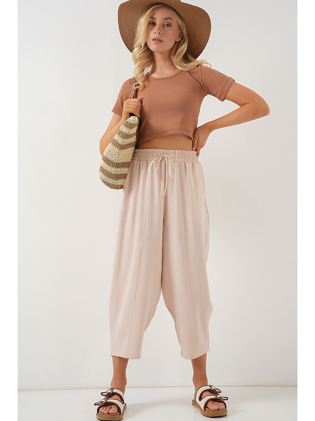 Bej 6591 Dokuma Şalvar Pantolon - Bisküvi-3