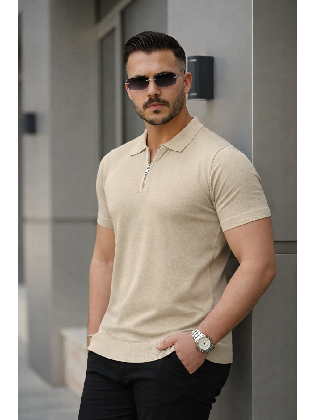 Ekru Erkek Fermuarlı Polo Yaka Slim Fit Triko Tişört-4