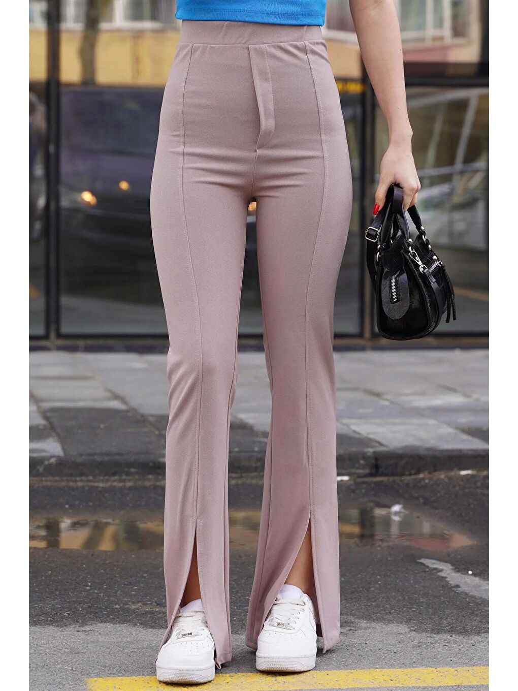 Bej Vizon Yüksek Bel Paçası Yırtmaçlı Kadın Pantolon Mg1651-3