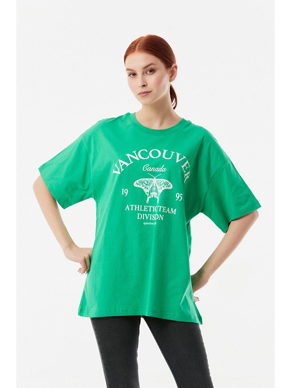 Yeşil Baskılı Bisiklet Yaka Oversize Tişört