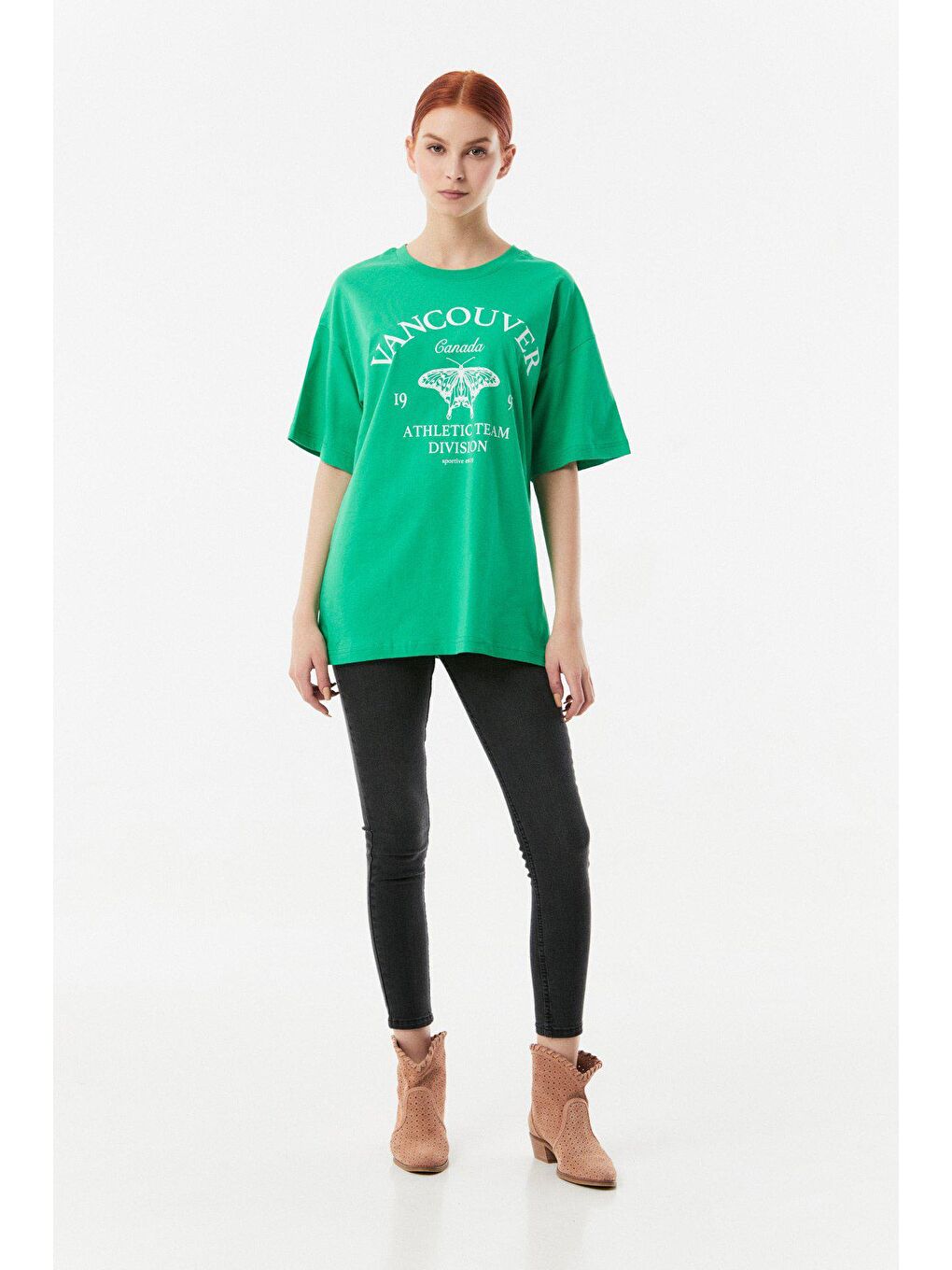 Yeşil Baskılı Bisiklet Yaka Oversize Tişört-1