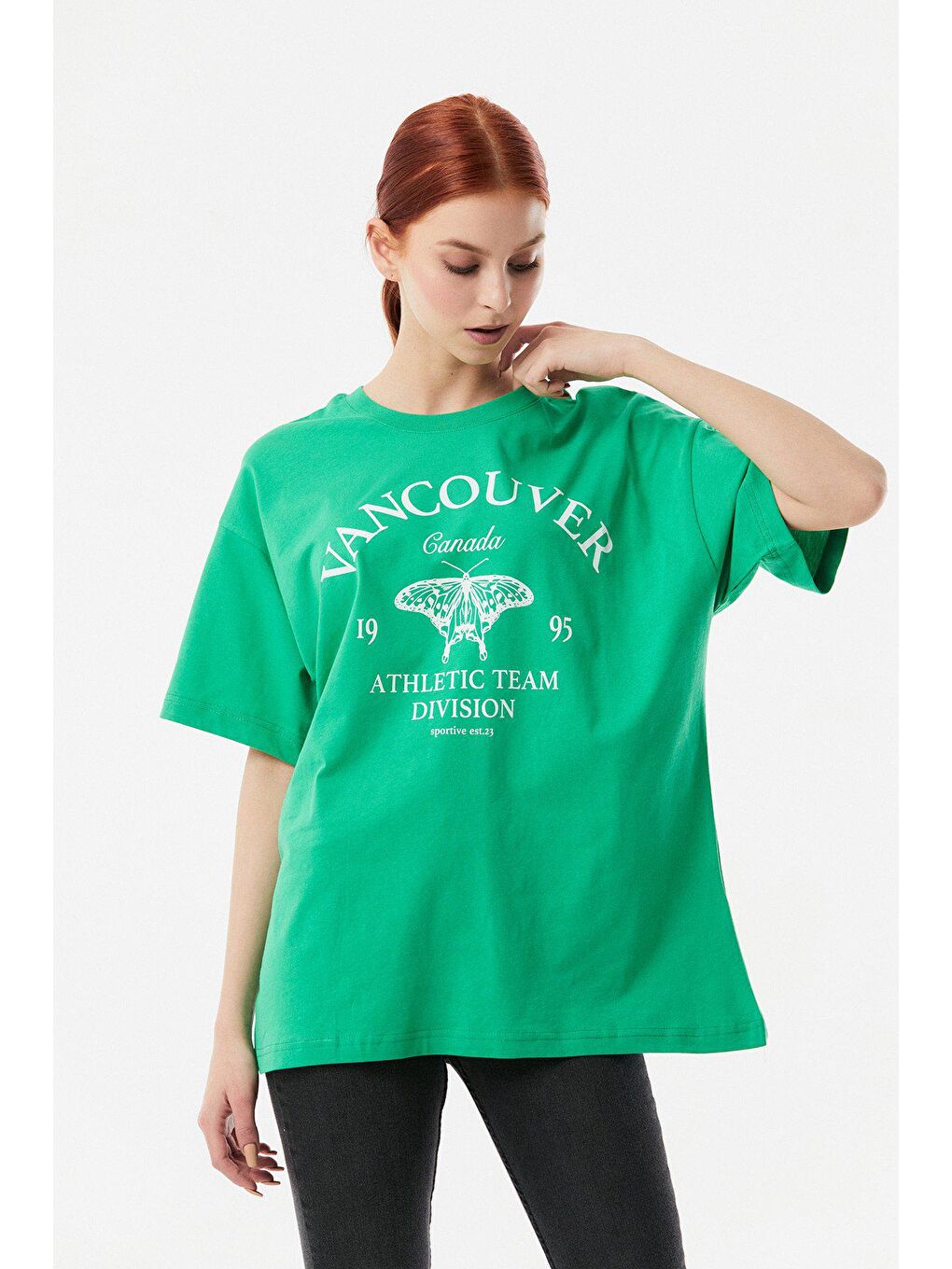 Yeşil Baskılı Bisiklet Yaka Oversize Tişört-3