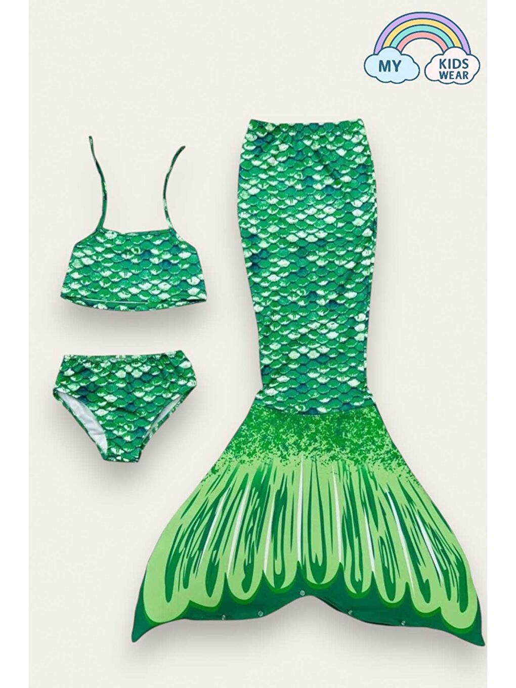 Yeşil Parlak Renkli Deniz Kızı Mayo Kostümü 3'lü Set